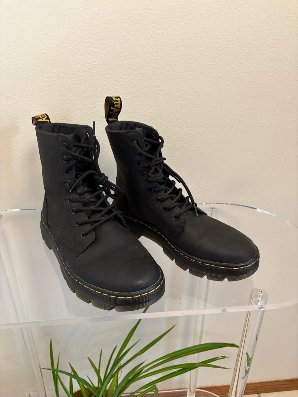 Dr. Martens Black Leather Lace-Up Platform Combat Boots with Yellow Stitching